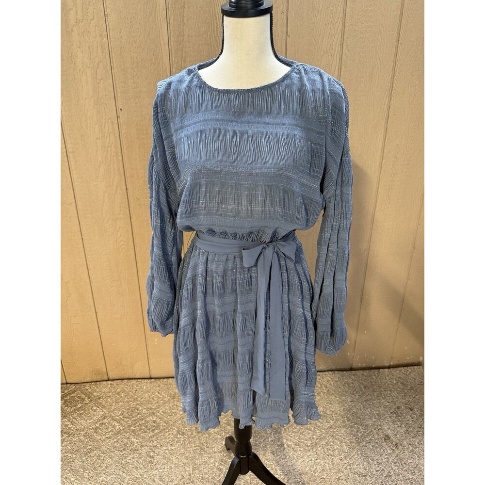 GLAM Metallic Plisse Long Sleeve Mini Dress Periwinkle Blue Size Medium NWT